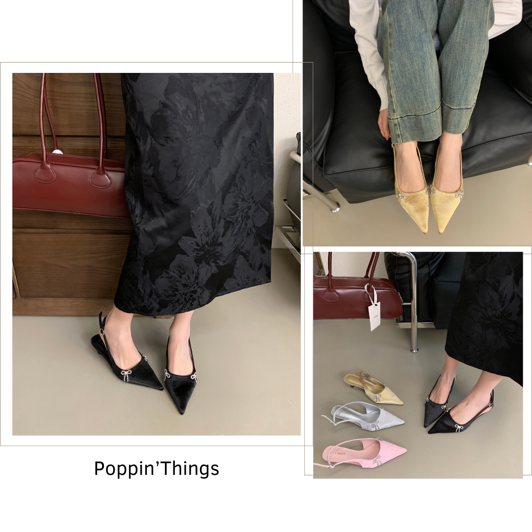 Bow Pointed-Toe Slingback Kitten Heels 3CM