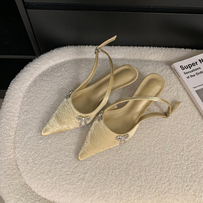 Bow Pointed-Toe Slingback Kitten Heels gold