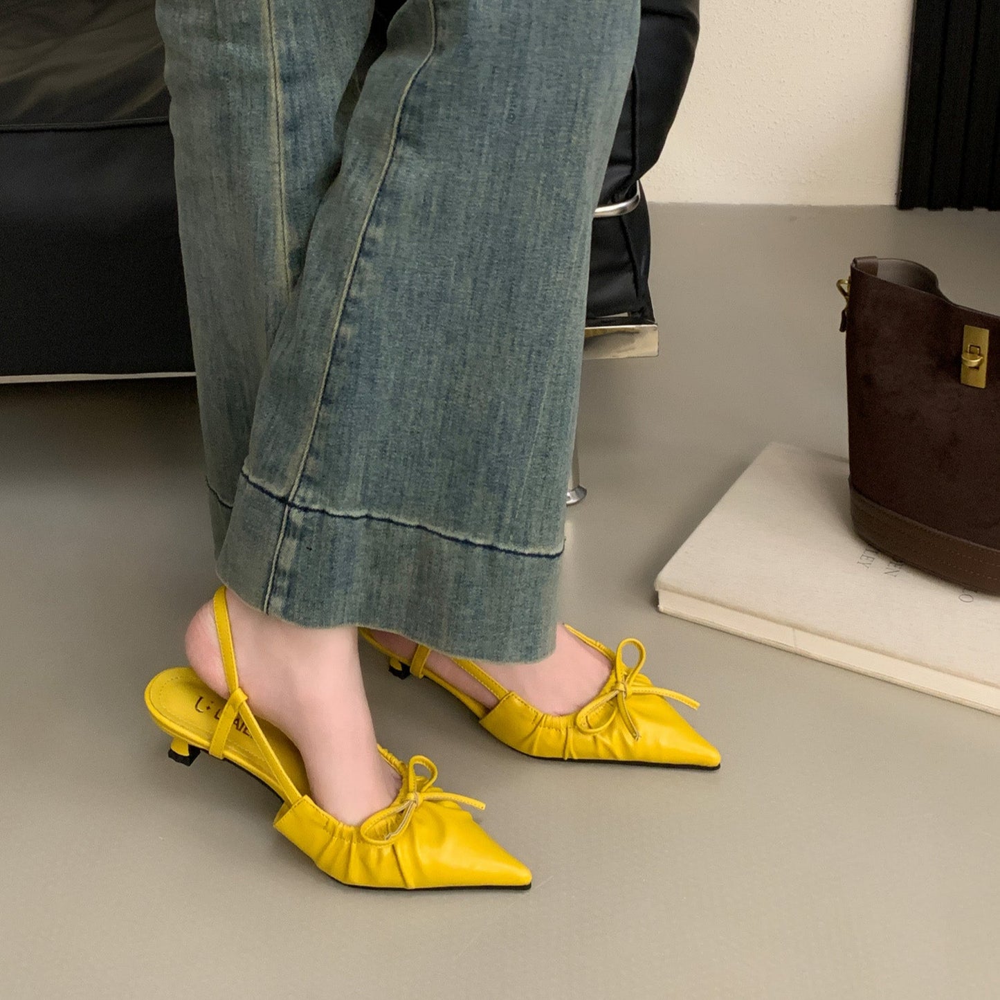 Bowtie_Kitten_Heel_Slingbacks_Yellow model